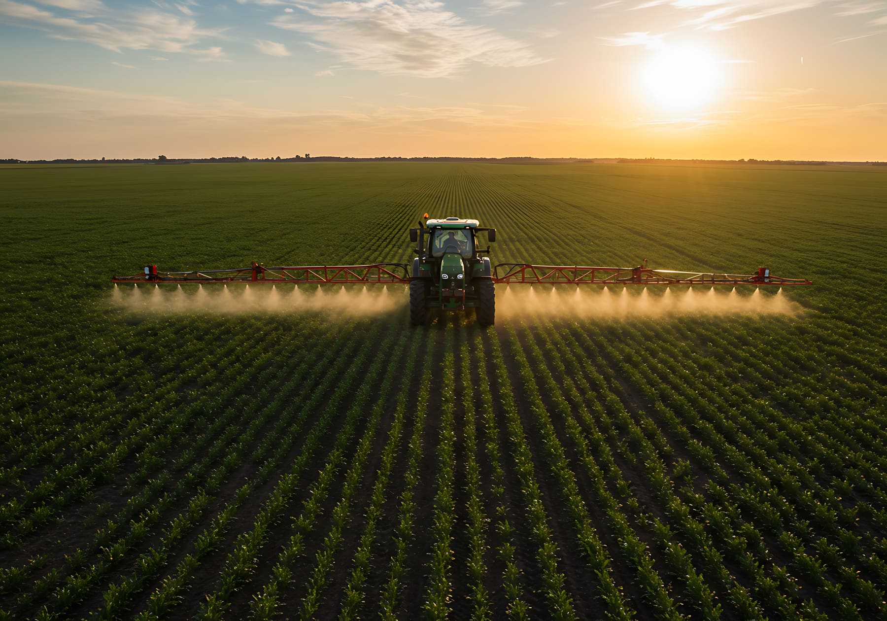 A tractor treating a green field at sunset